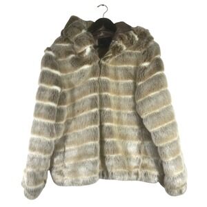 Alpine Studio Women's Faux Fur Coat Jacket Hooded Tan Beige Striped Size Large L